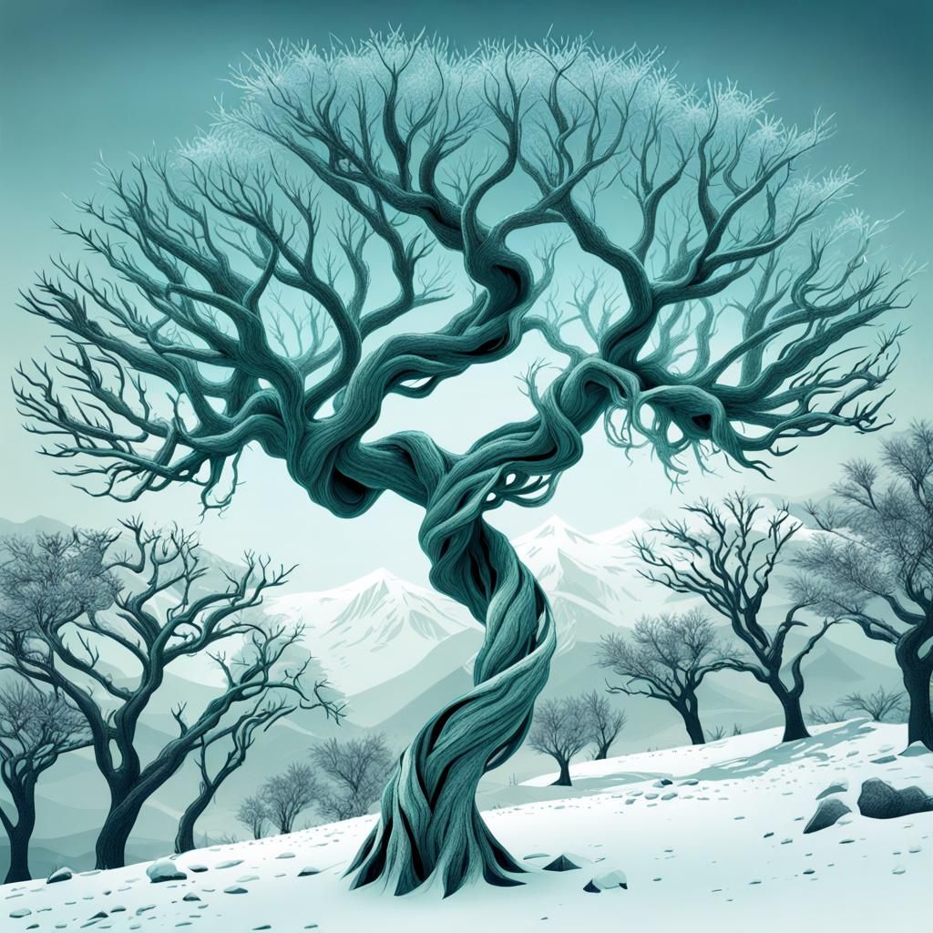 Icy Winter Tree in Hand-Drawn Pencil Style