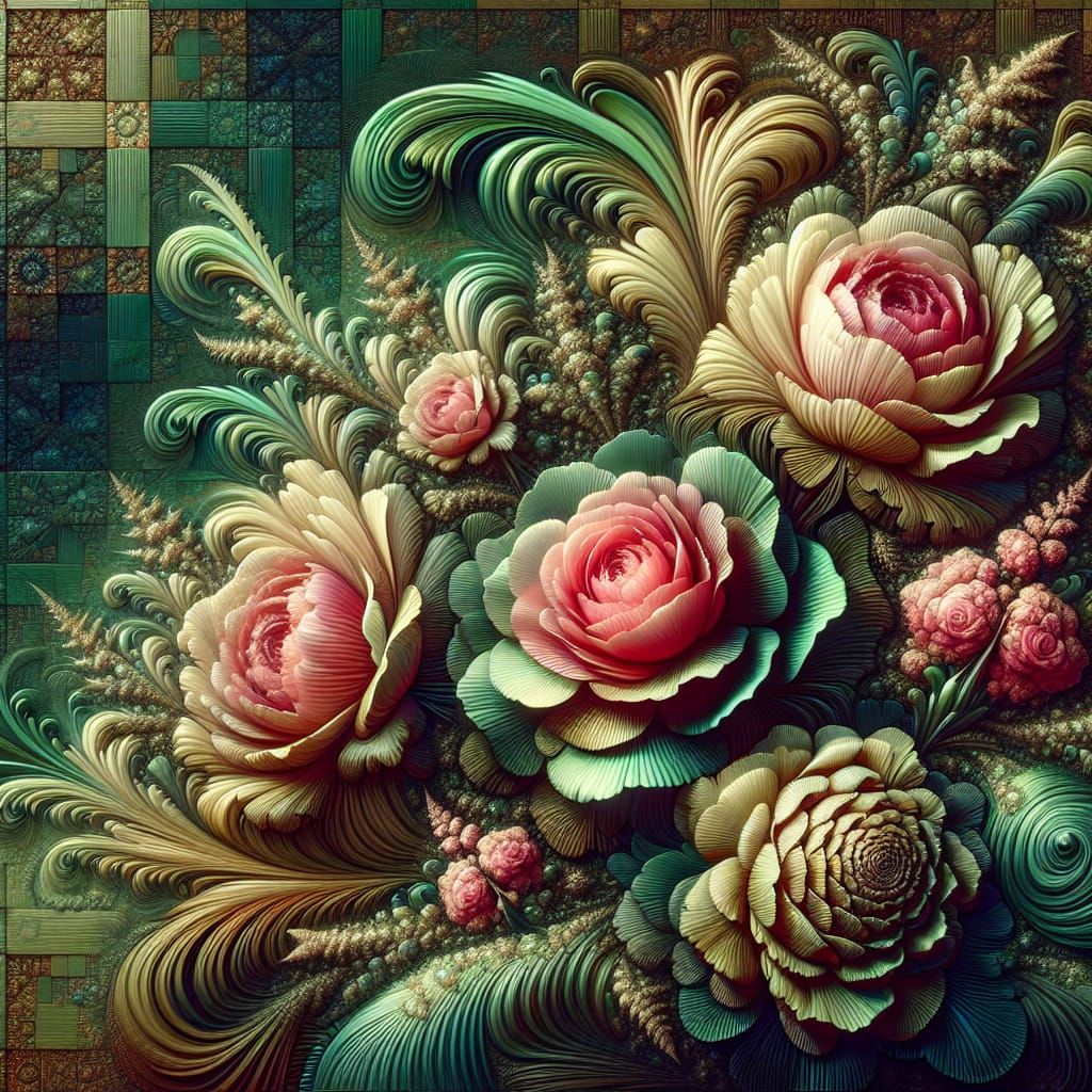 Beryl-Green Floral Scene with Deco Fractal Patterns