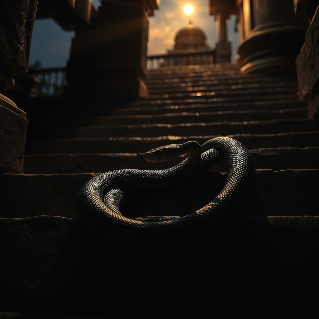Krait Snake on Temple Stairs at Dusk