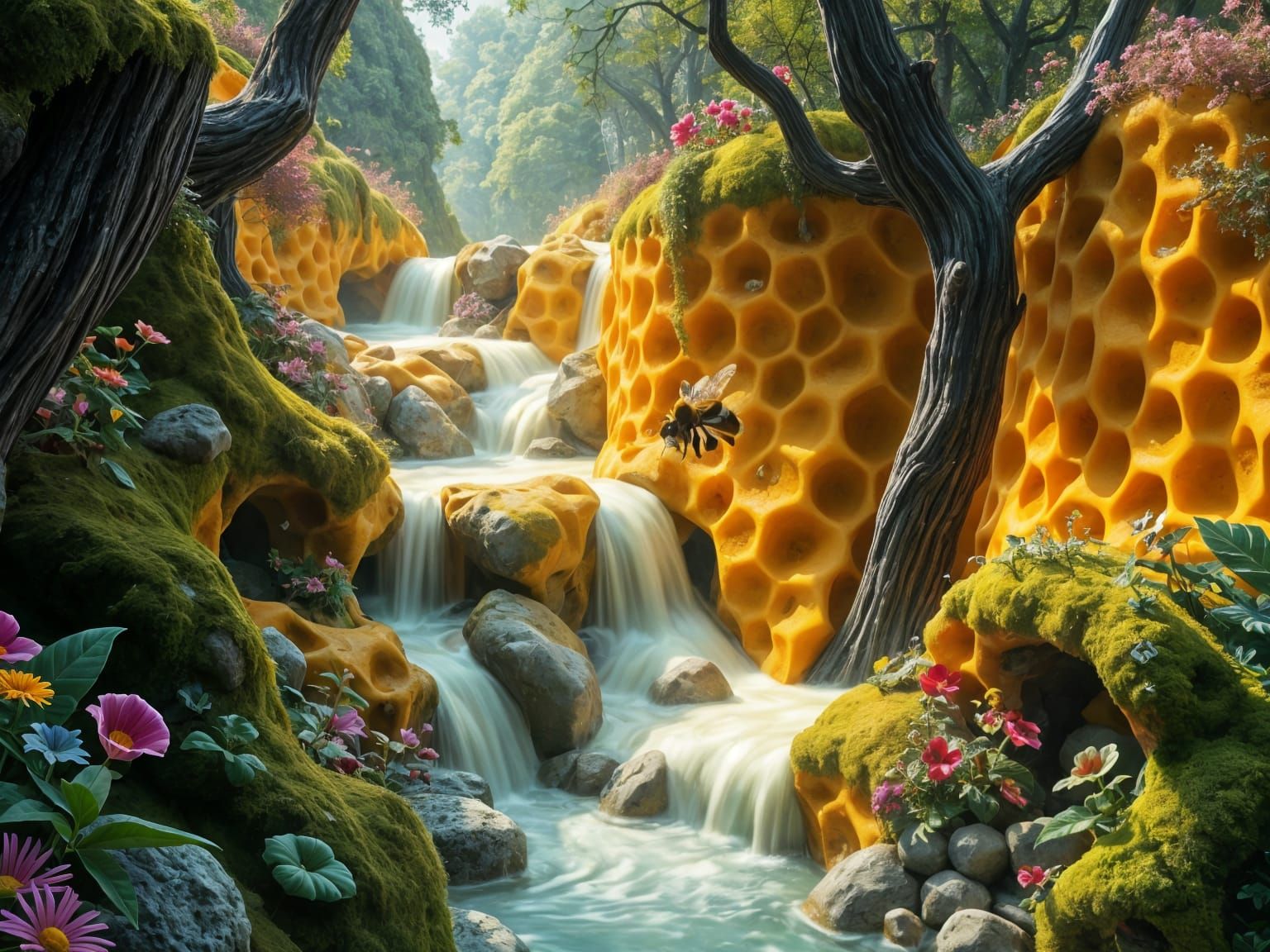 Enchanted Honeycomb Waterfall in Fairytale Forest