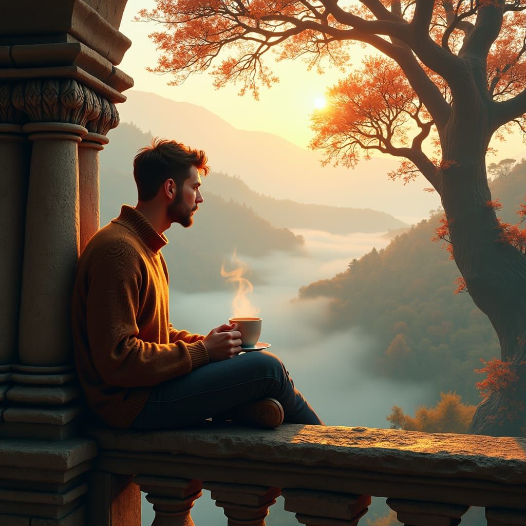 Man on Balcony with Coffee, Dreamlike Morning Scene