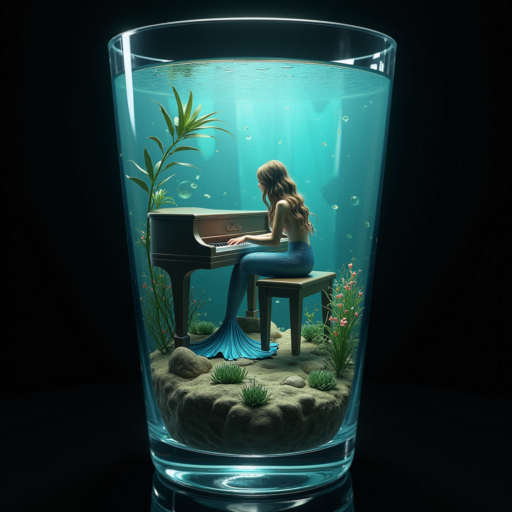 Caribbean Mermaid Plays Piano in Glass Dome