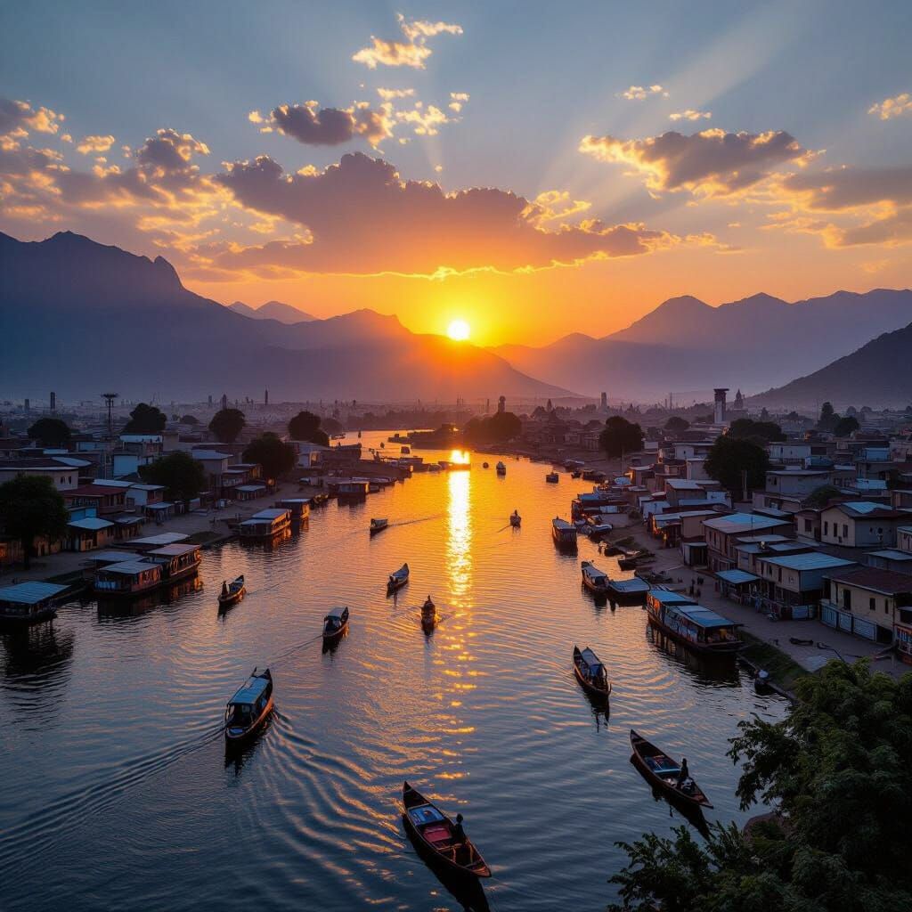 African City Sunset Over Reflecting Lakes and Mountains