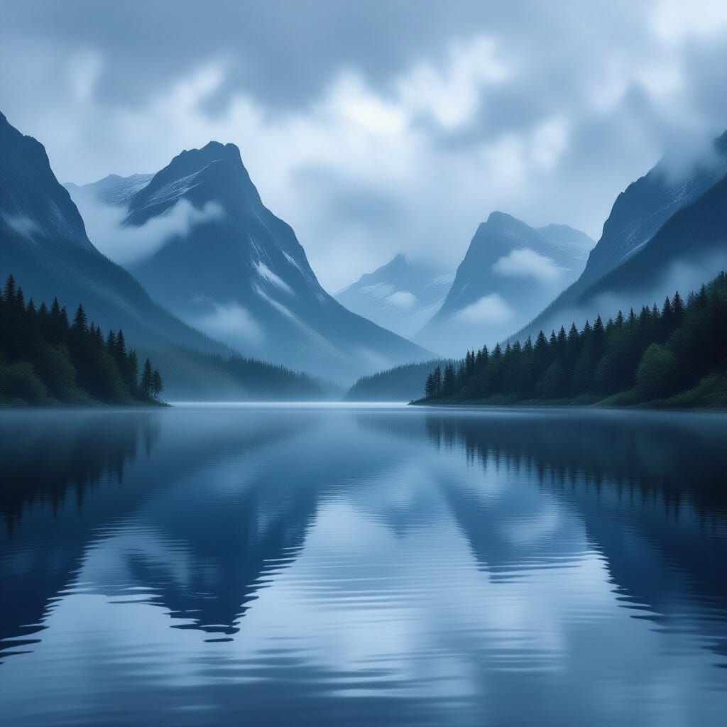 Rainy Forest Lake Reflecting Misty Mountains in Luminist Sty...