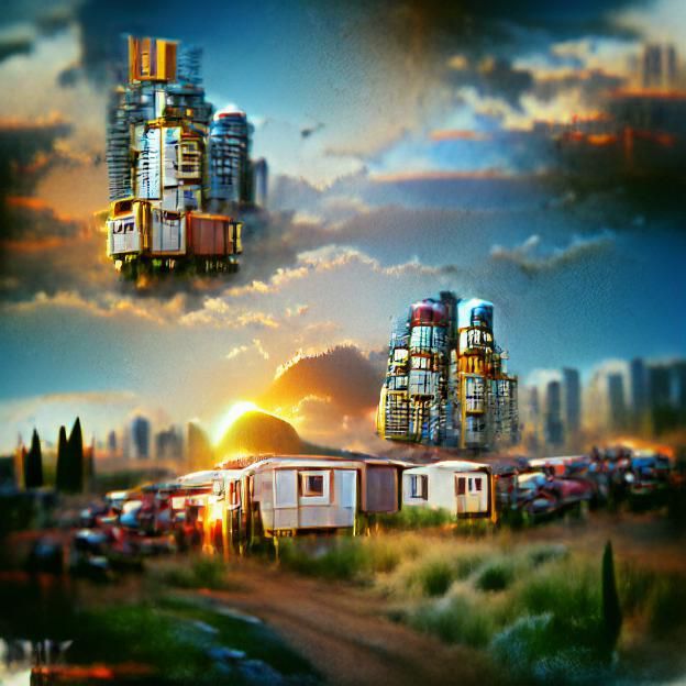 Photorealistic Trailer Park Metropolis at Sunset