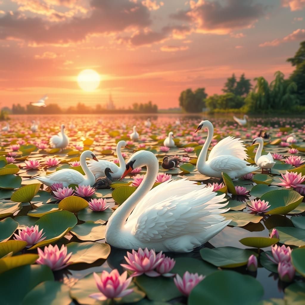 Lush Lake with Waterfowl in Vibrant 3D Anime Style