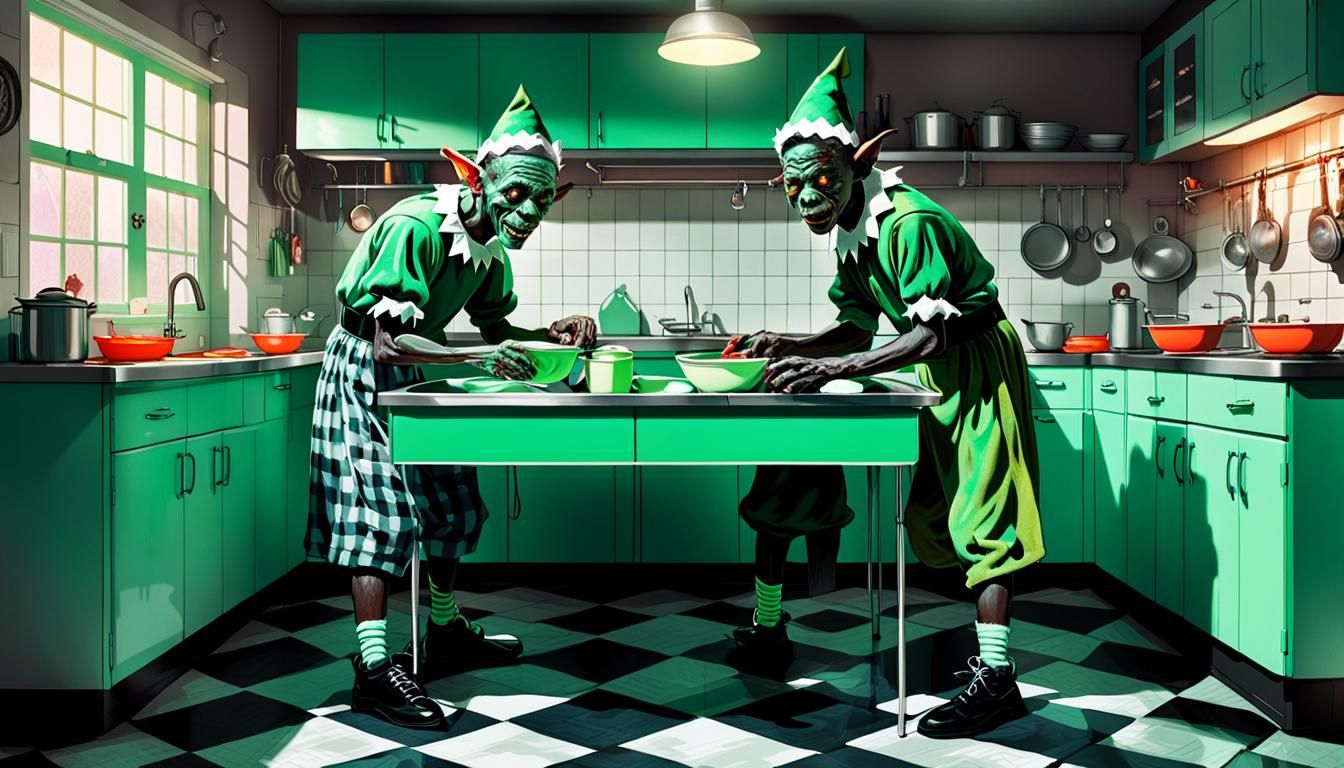 Zombies in Elf Costumes Washing Dishes, Retro-Pop Art