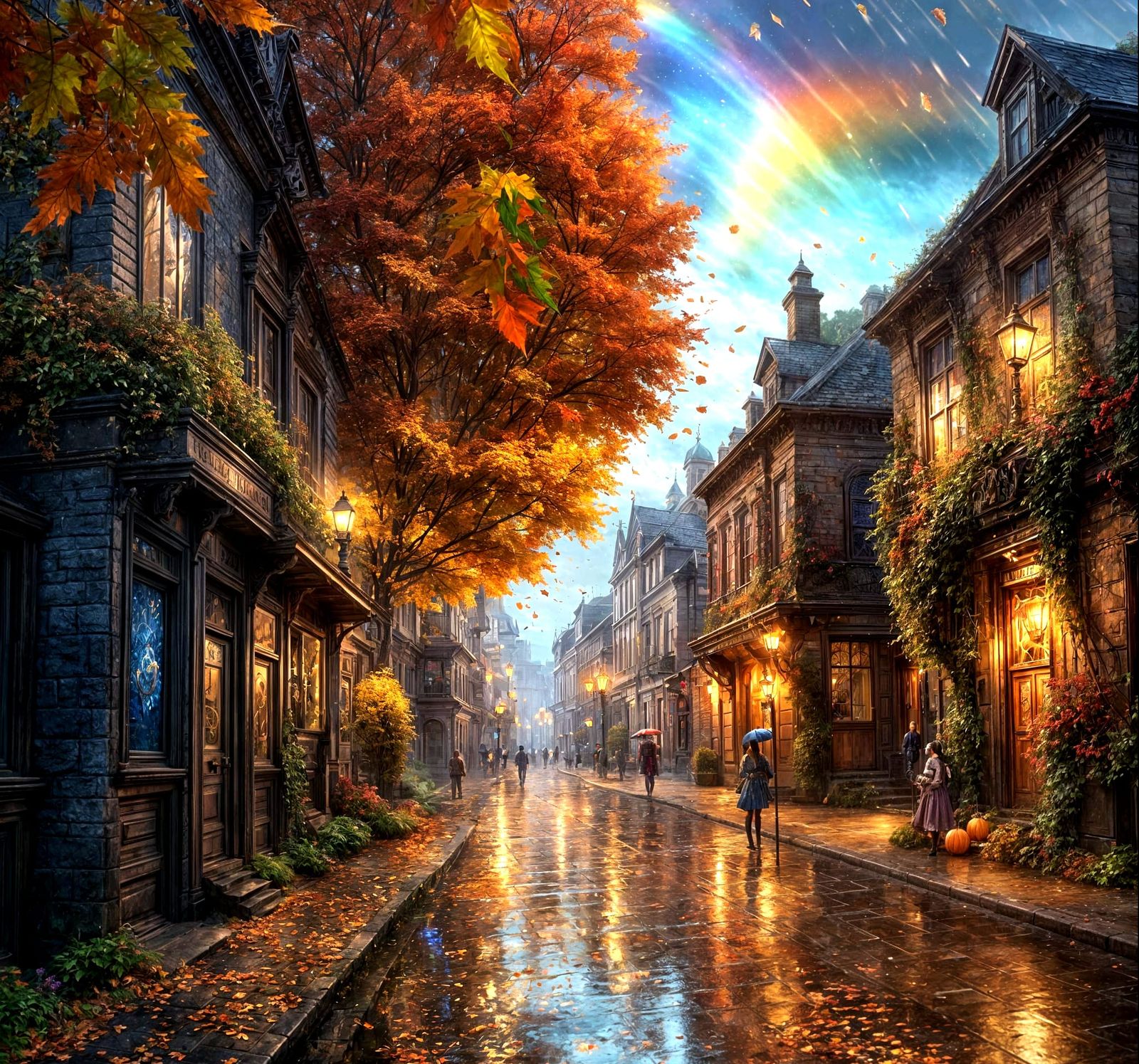 Fantastical Autumn Street Scene with Rainbow Bubbles