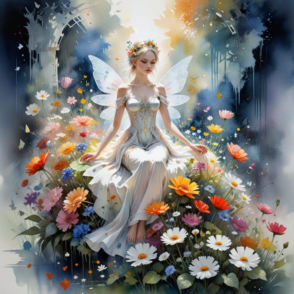 Fairy Queen on Flower Throne in Watercolor Style