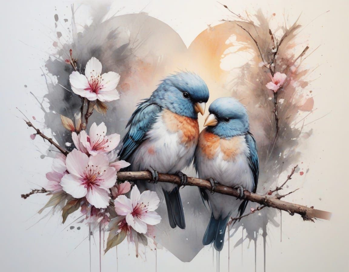 Pastel Love Birds on Cherry Branch as Heart