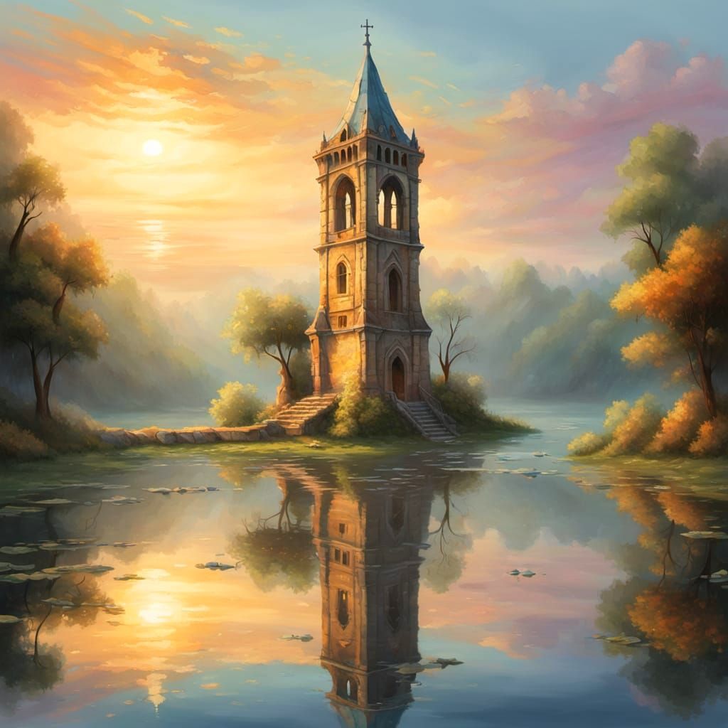 Ethereal Bell Tower Emerges from Misty Lake
