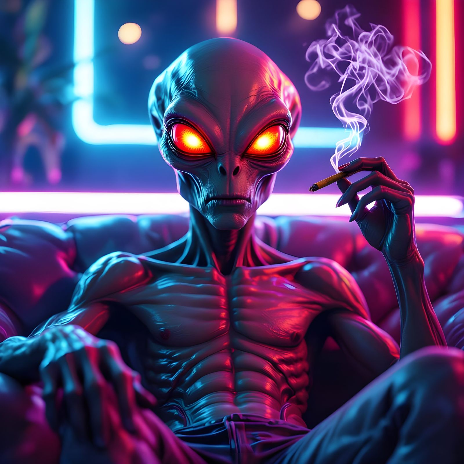 Badass Alien with Red Eyes Smoking Joint on Couch, Hyperreal...