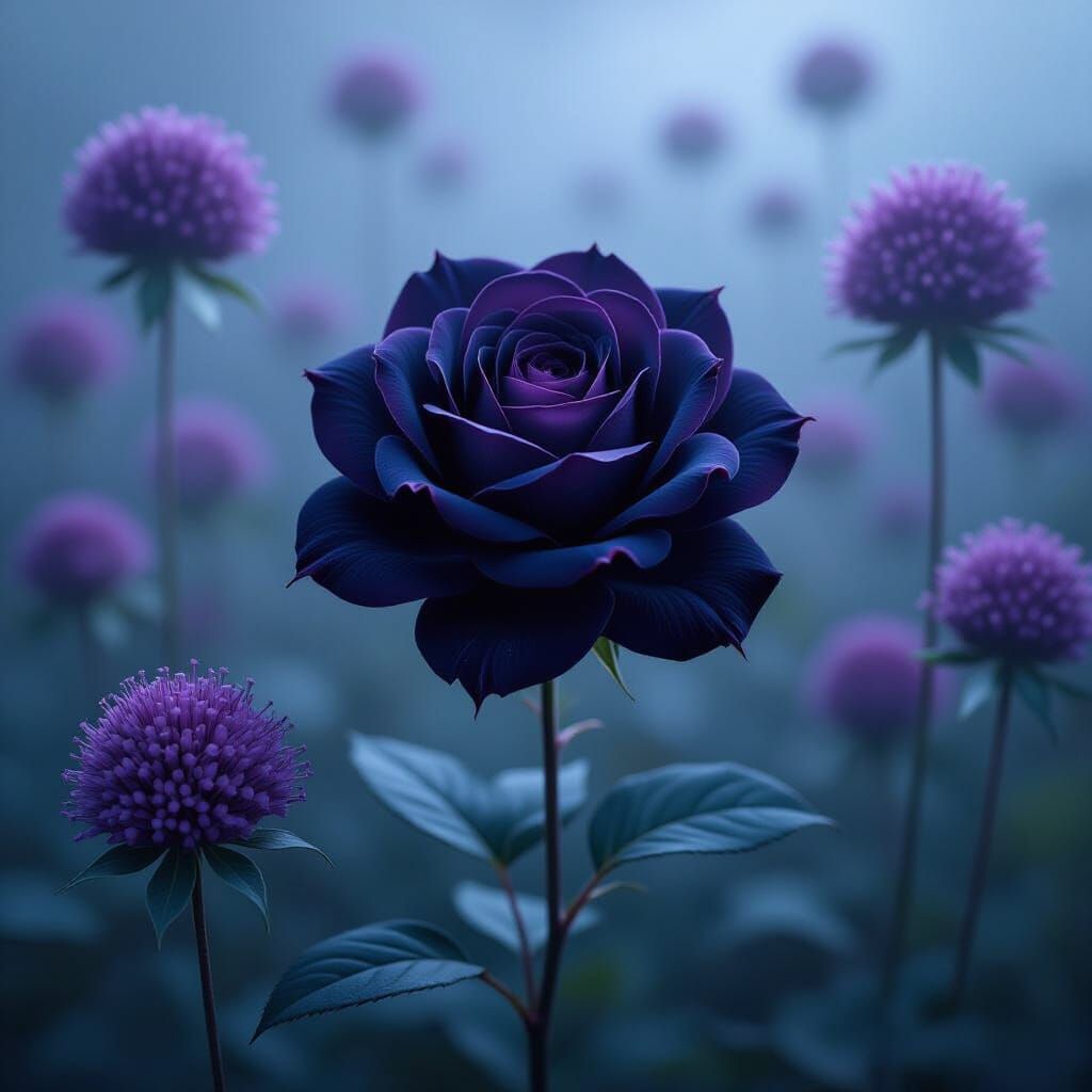 Dark Fantasy Black Rose in Purple Mist