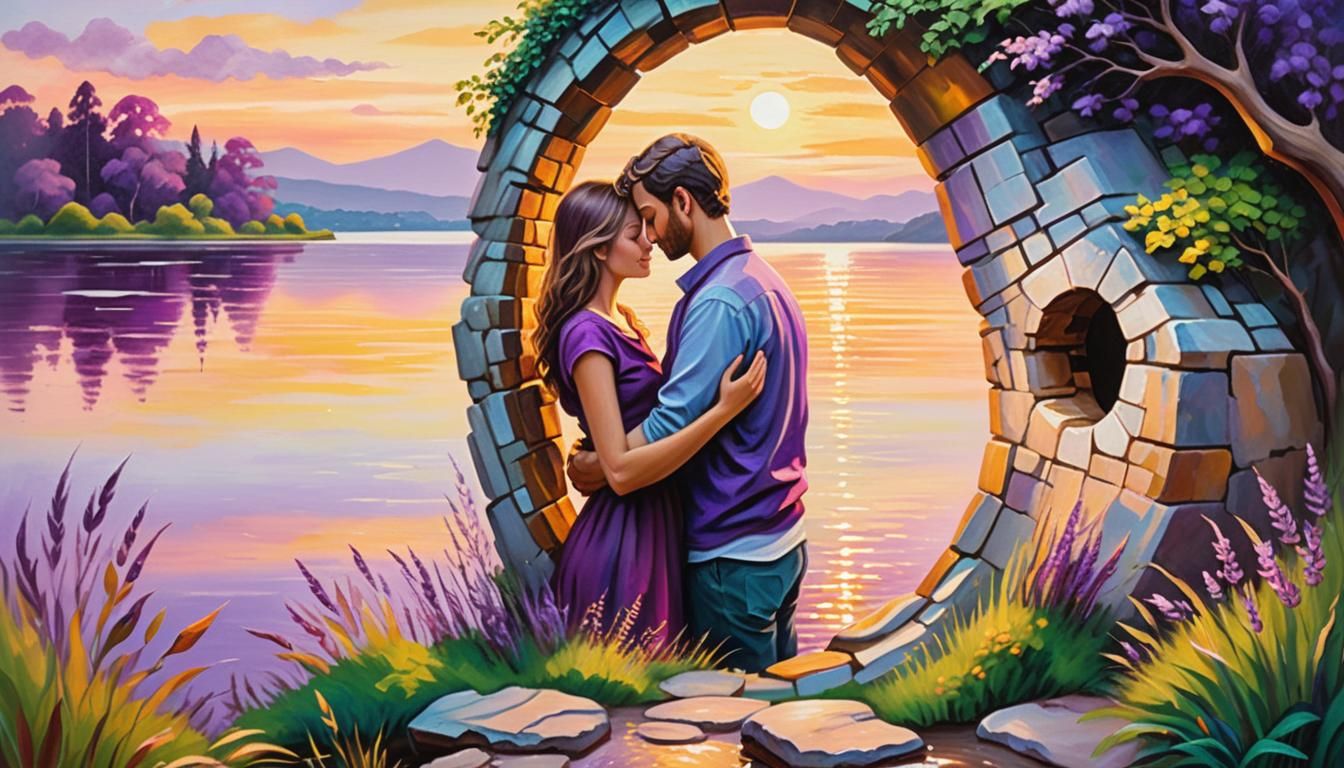 Neo-Impressionist Couple Gazing at Sunset Paradise