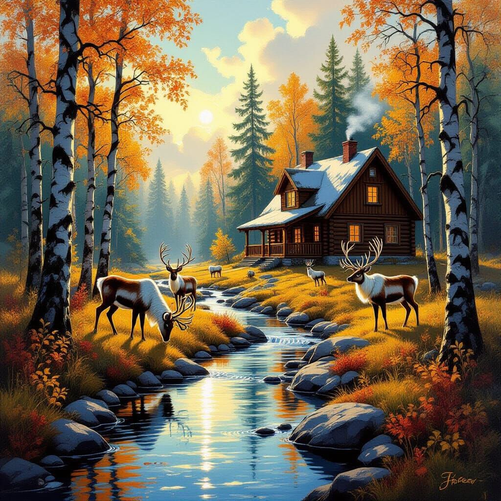 Cozy Forest House with Reindeer and Stream in Autumn