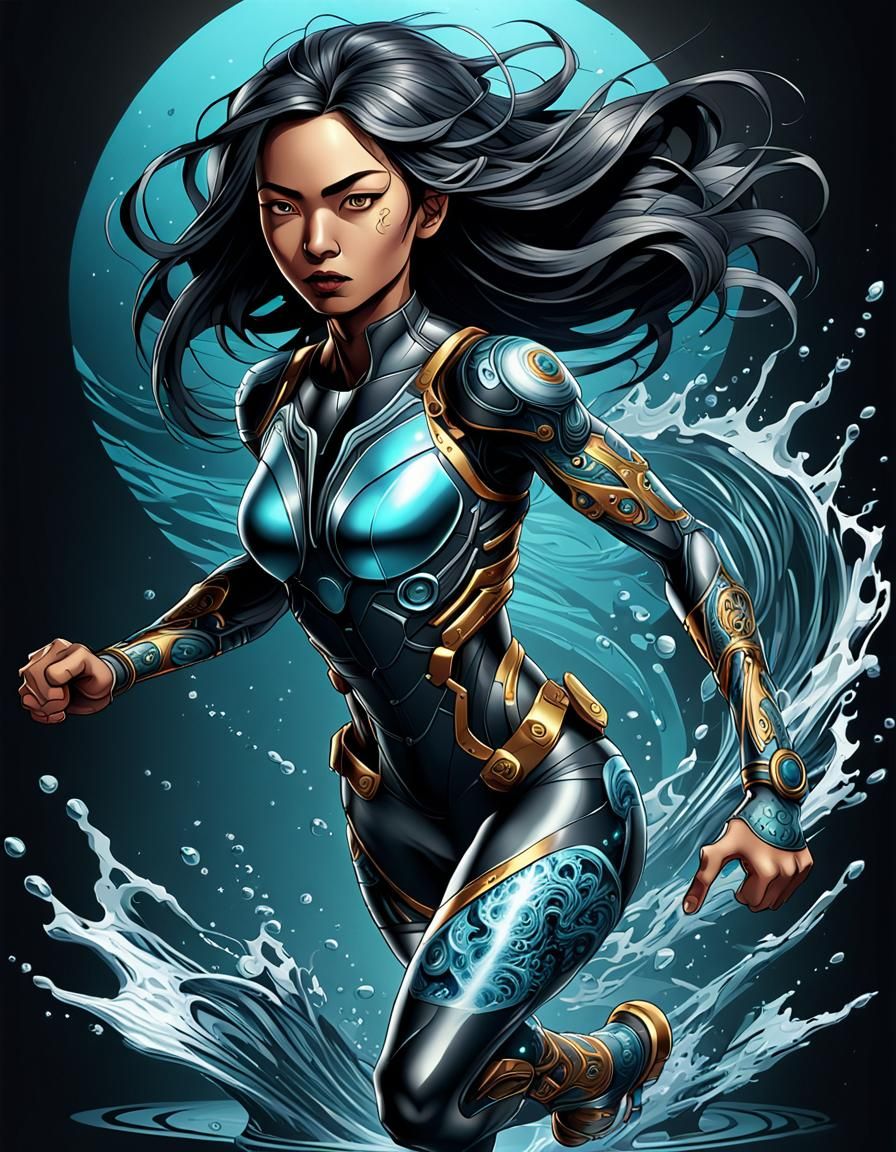 Fierce Holographic Female Runner in Anime Style