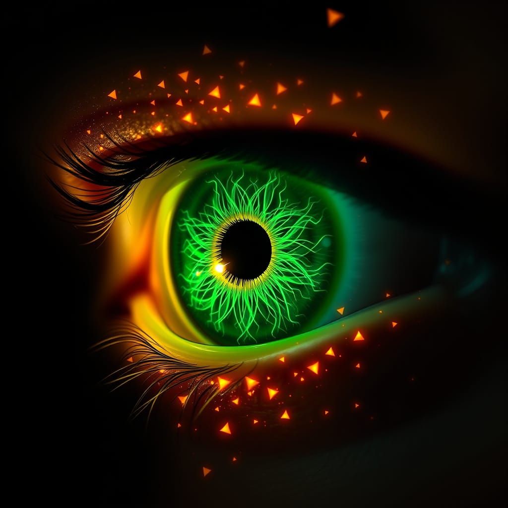 Futuristic cyberpunk-style image, wide-open realistic human green magic glowing green eye front view, surrounded by glow...