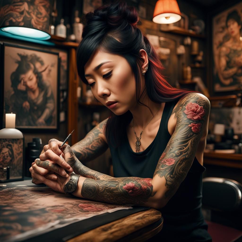 Japanese Woman Getting Tattoo in Cosy Parlour