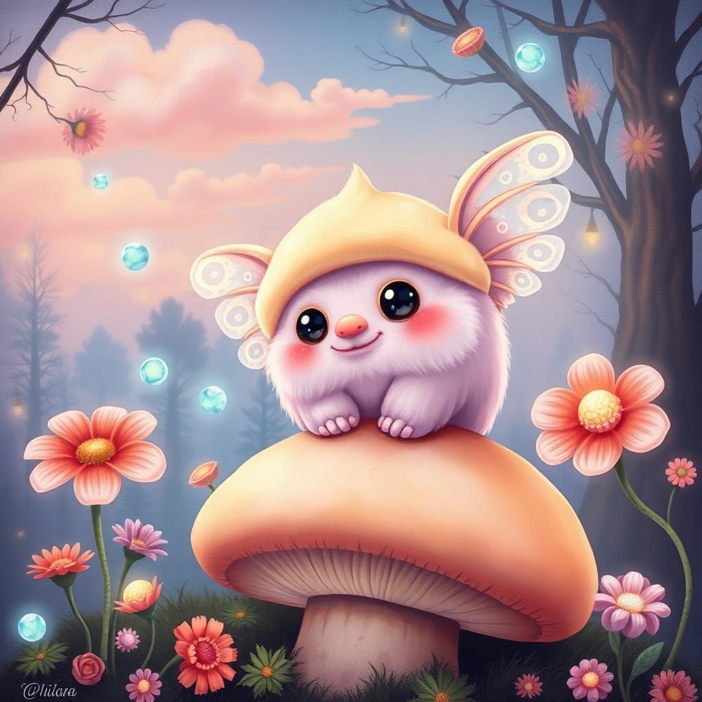 Pastel Magical Creature on Mushroom in Whimsical Forest