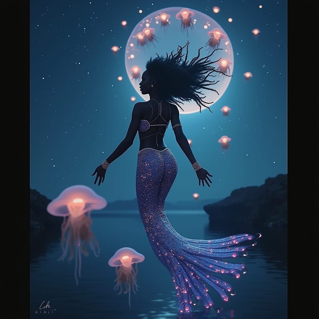 Mystical African Mermaid in Celestial Abyss