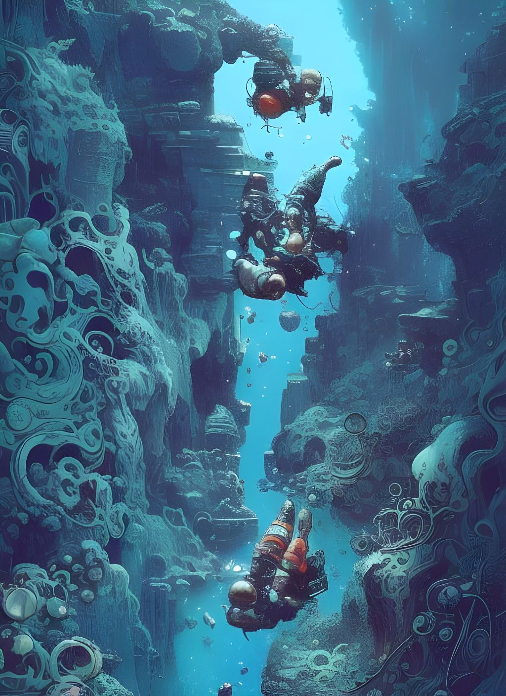 Freedivers in Blue Pool: Watercolor Splash Art