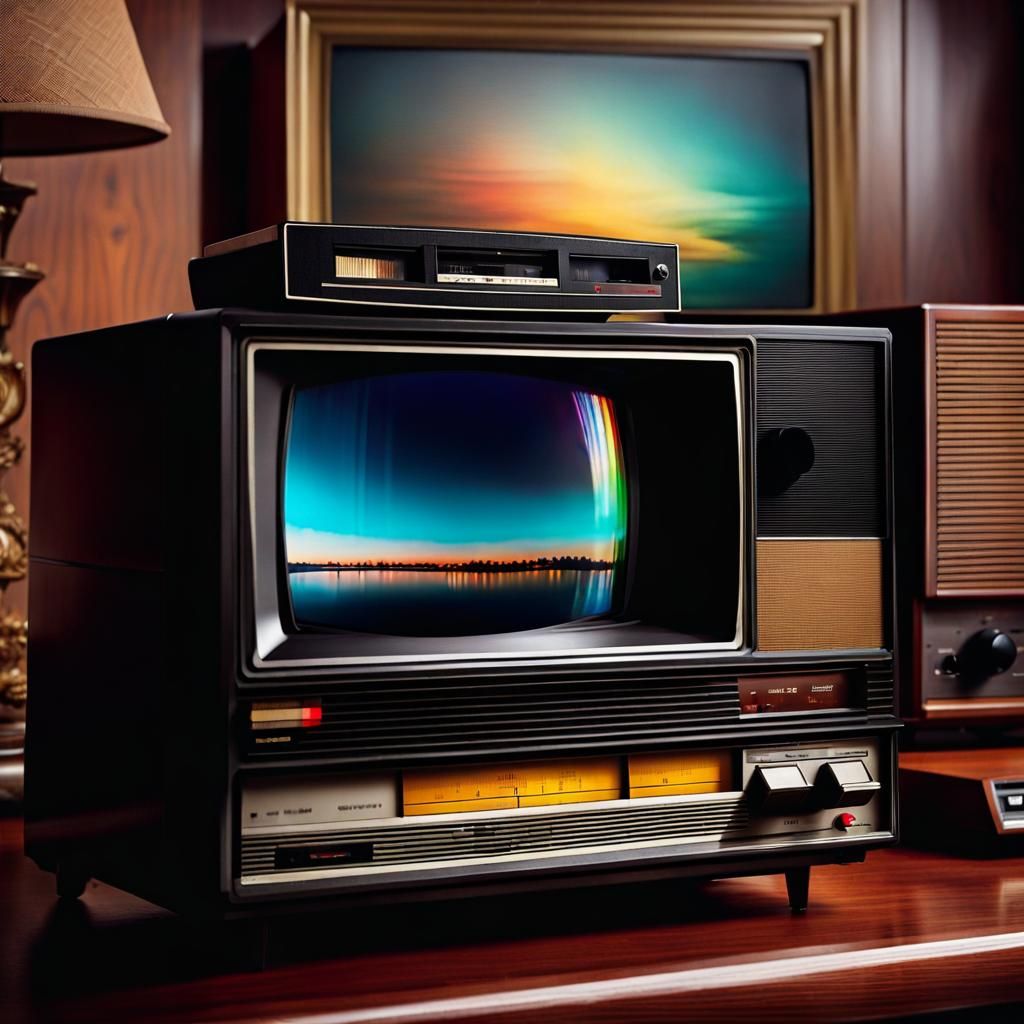 Vintage VCR on 1970s TV in Watercolor Style