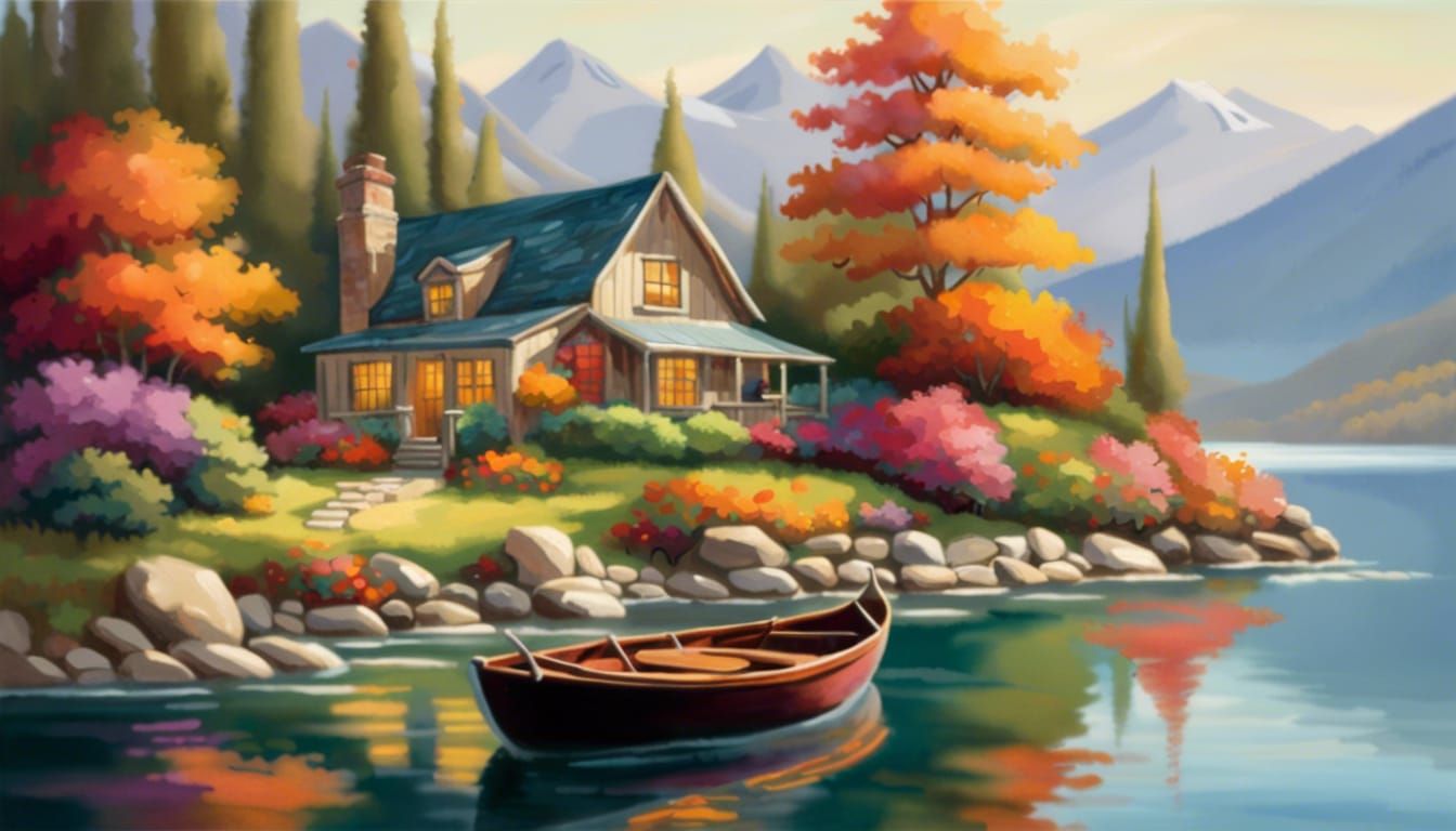 Charming Cottage by River with Mountains, Digital Art