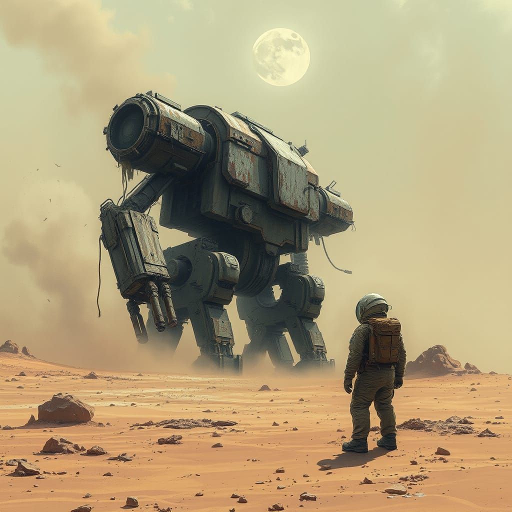 Astronaut and Decaying Mecha on Alien Planet