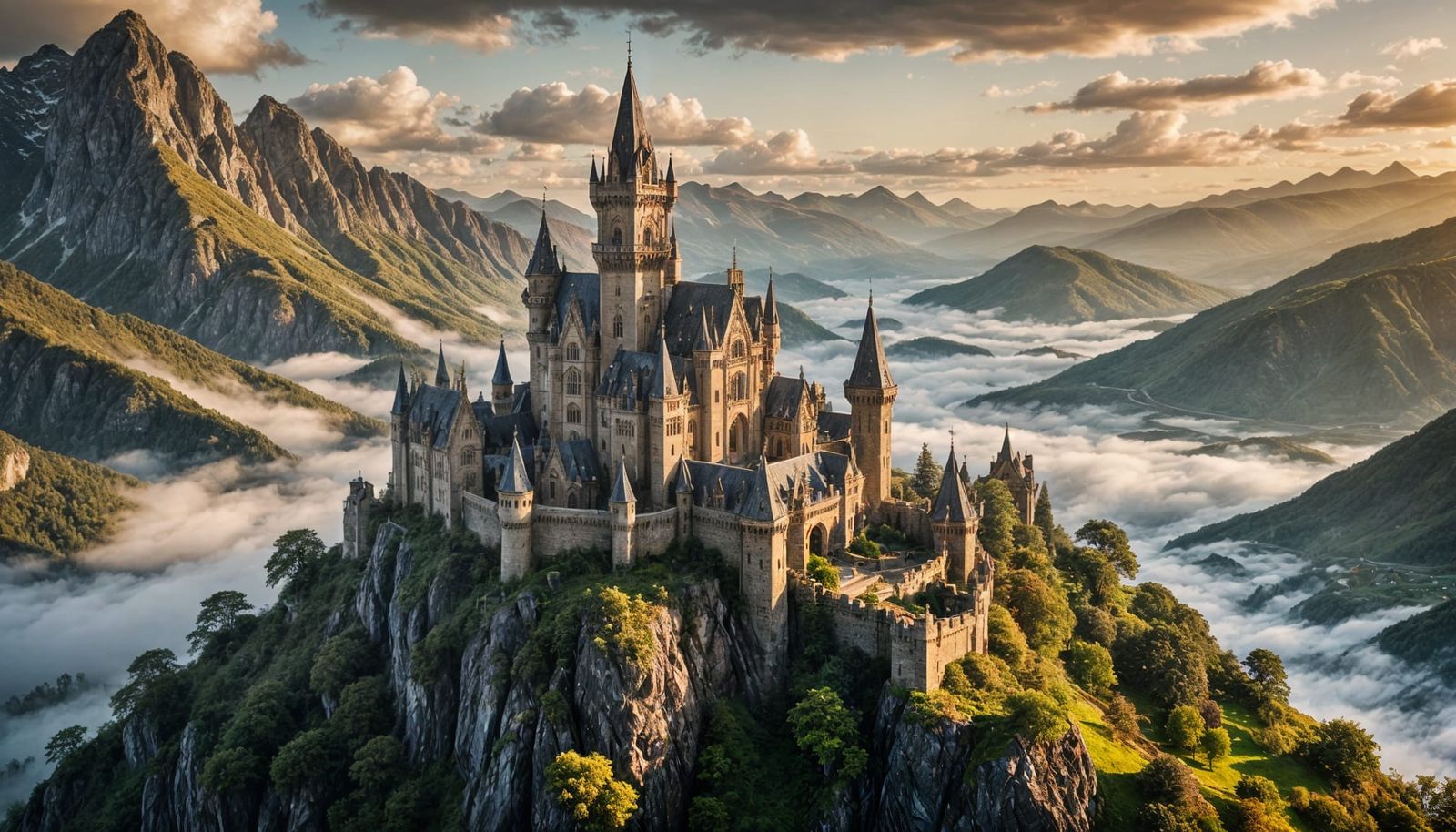 Ethereal Elven Castle Amidst Majestic Mountains