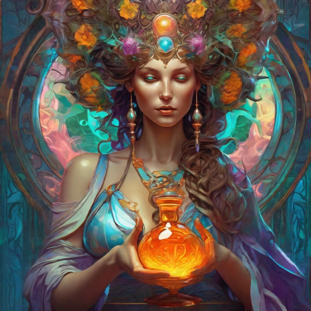 Panacea goddess of healing brings a magic potion, the magic potion of Panakea 8k resolution concept art intricately deta...