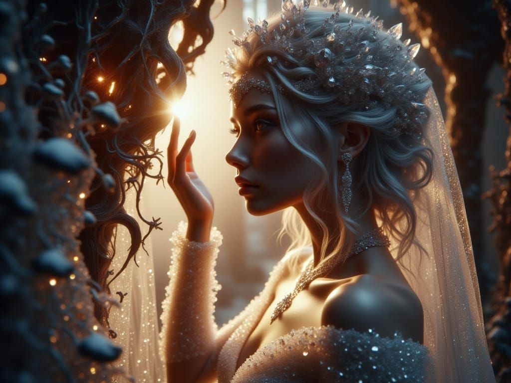 Hyperrealistic Portrait of an Elegant Bride in Crystal Glass...