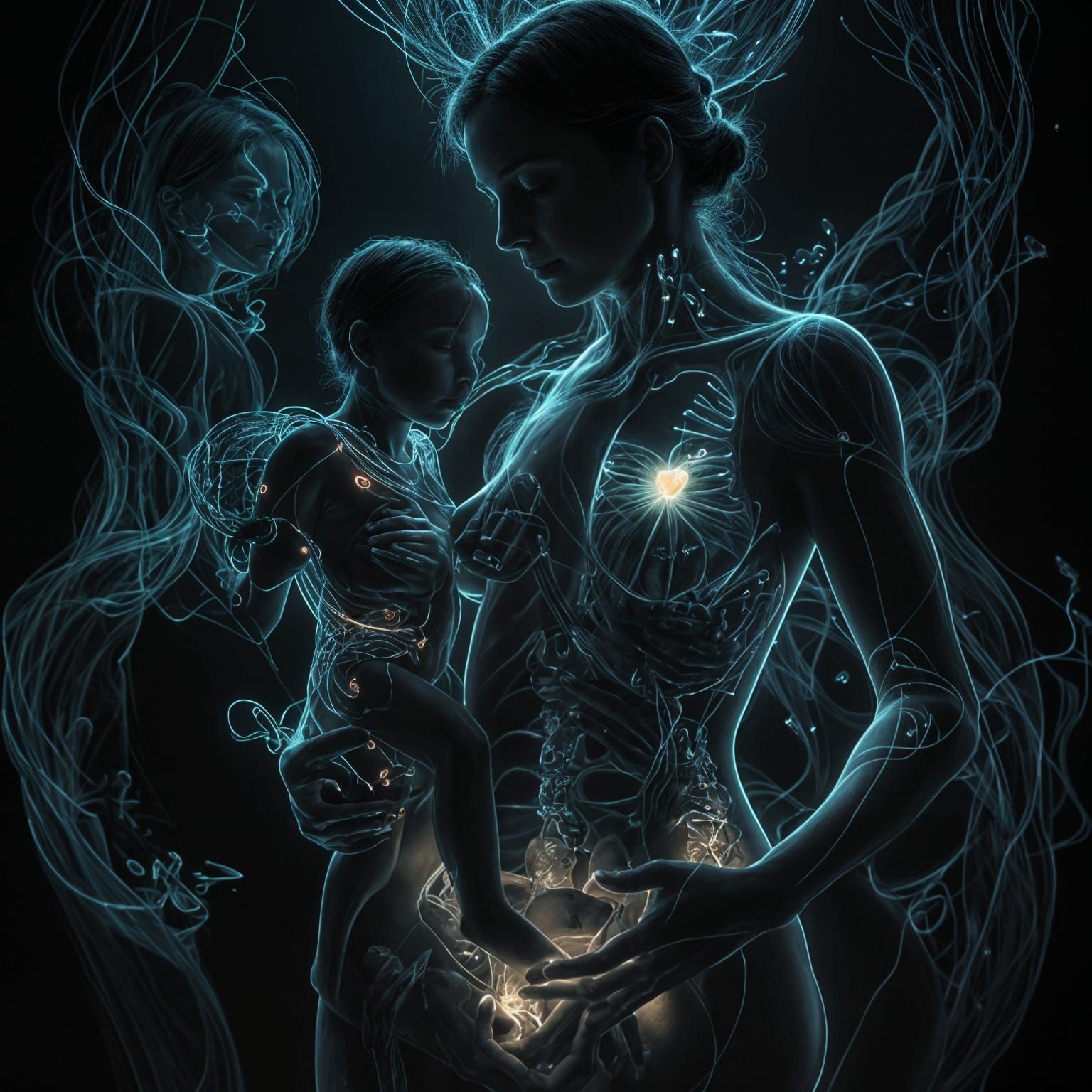 Bioluminescent Mother and Babies: a Fantasy Realism Portrait
