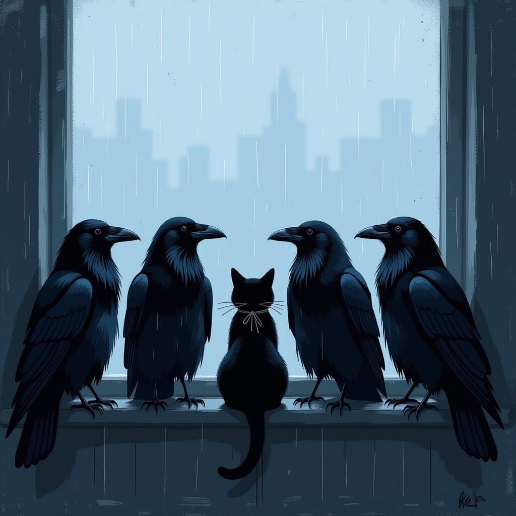 Ravens and Cat in Rainy Window: Abstract Painting