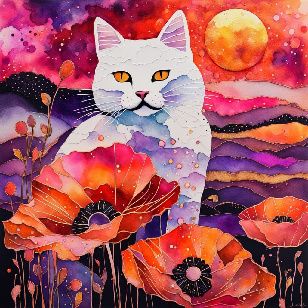 Kitten in Poppies: Mixed Media Collage Illustration