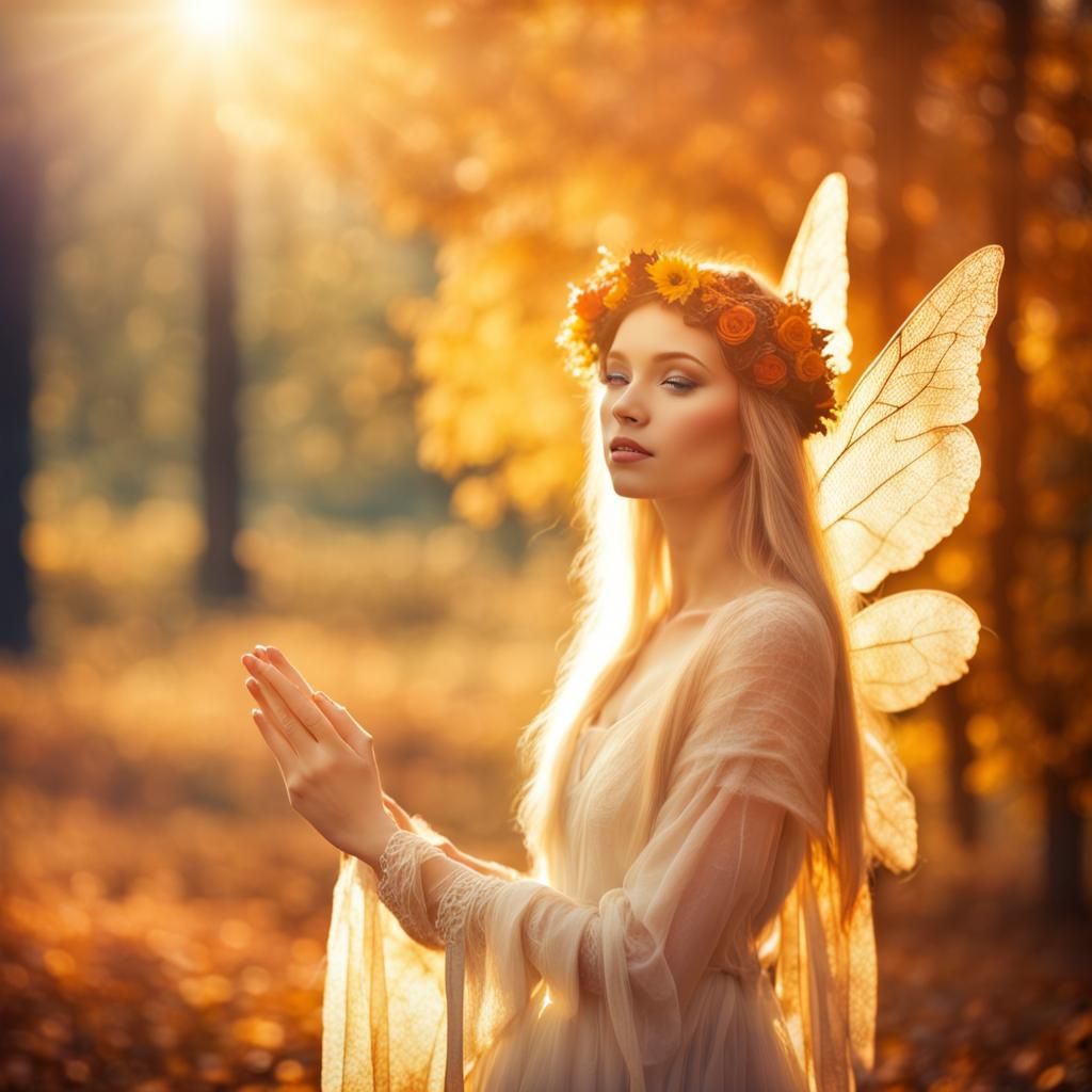Beautiful Autumn Fairy in Divine Sunshine