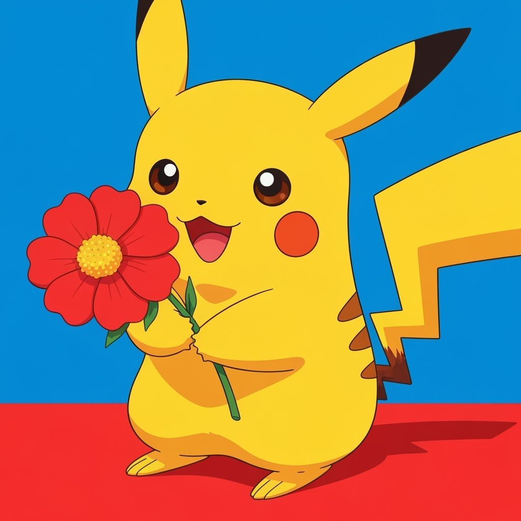 Cute Pikachu with Flower in Vibrant 2D Artwork