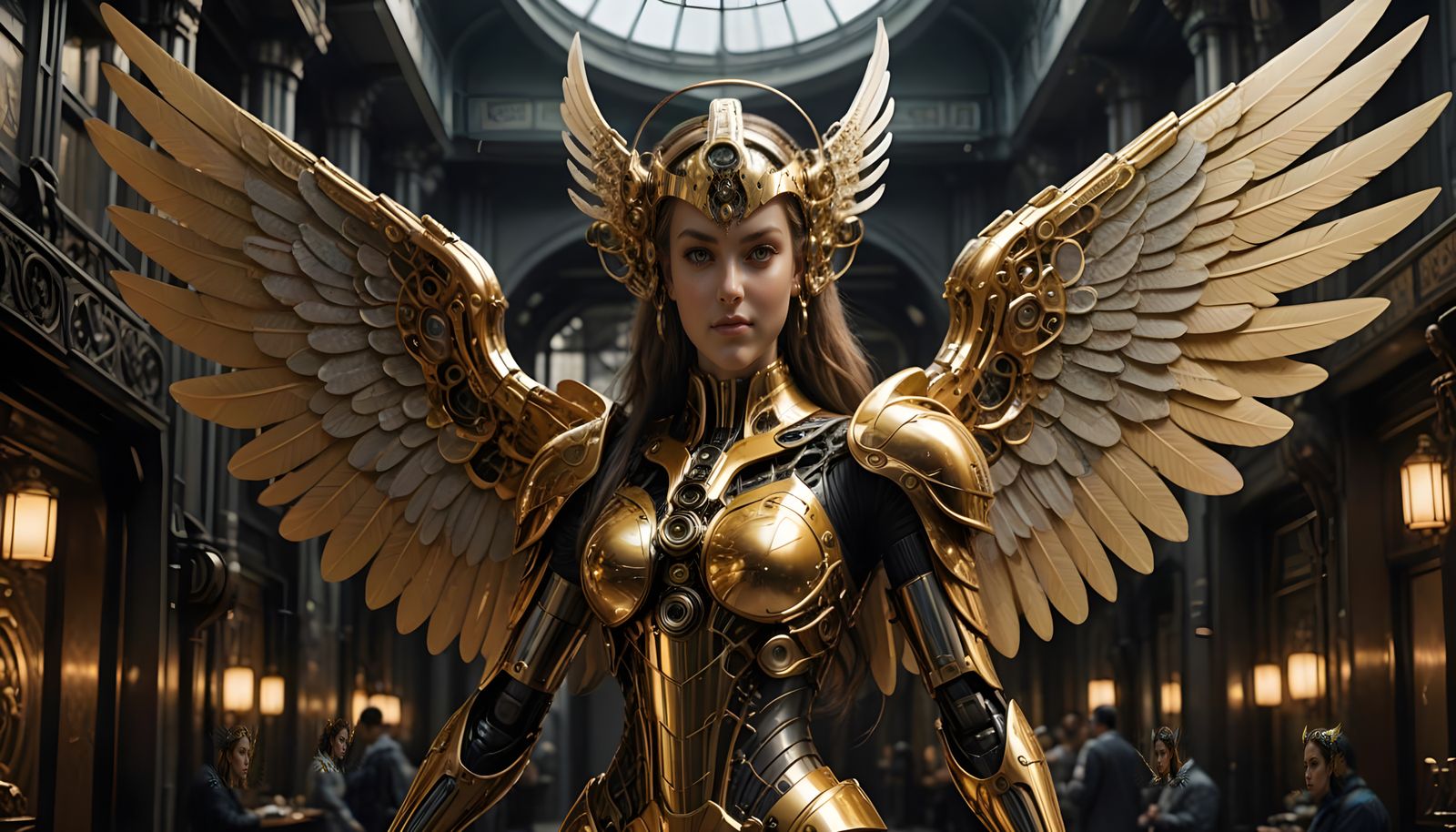 Ethereal Cyberpunk Angel in Golden Armor with Majestic Wings