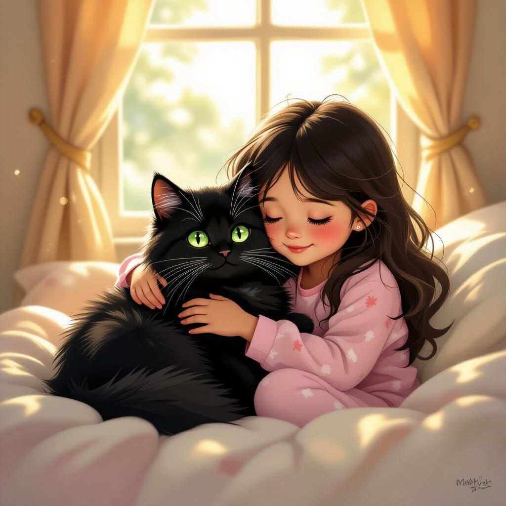 Fluffy Black Cat Cuddles Girl in Sunlit Bedroom