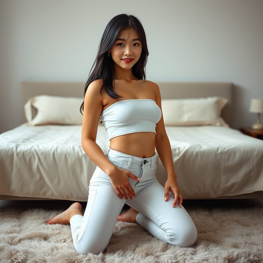 Confident Young Woman Posing on Plush Bed