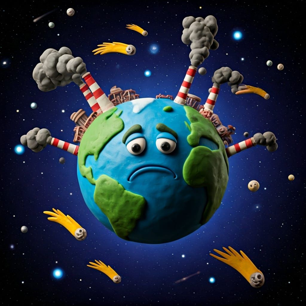 Sad Earth with Smokestacks in Claymation Style