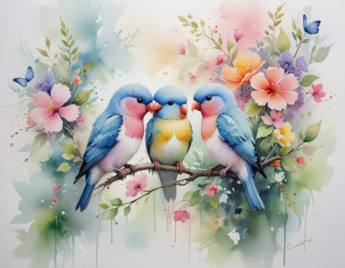 Pastel Lovebirds in Magical Watercolor Garden