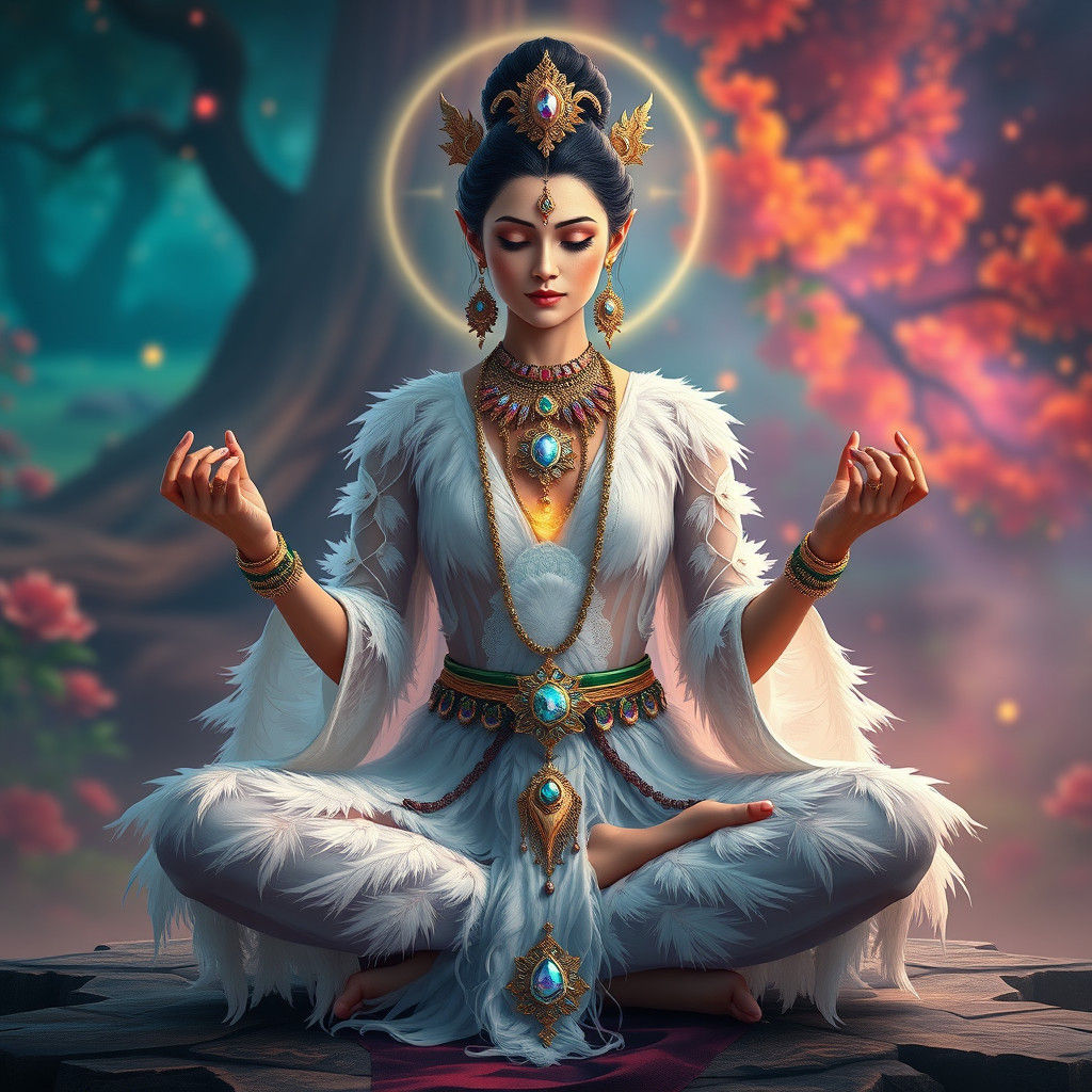 Serene Deity in Feather Robe, Fantasy Art