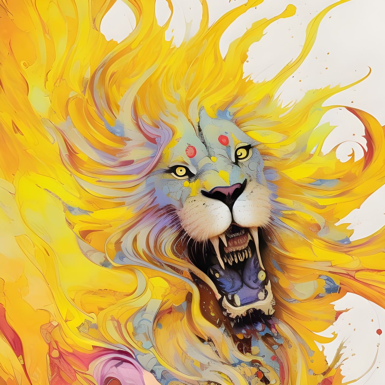 Badass Lemon Lion Portrait in Marbling Oil Style
