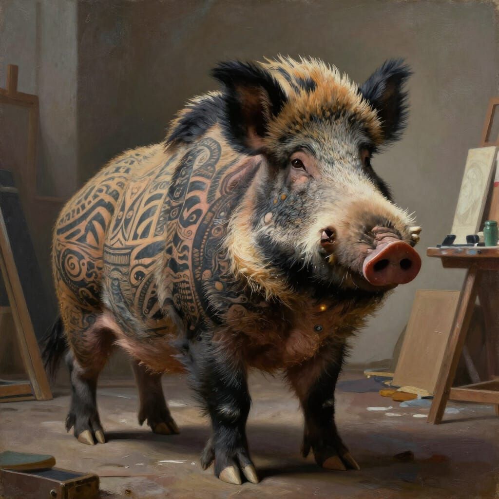 Hyperrealistic Wild Boar Portrait in Fine Art Studio