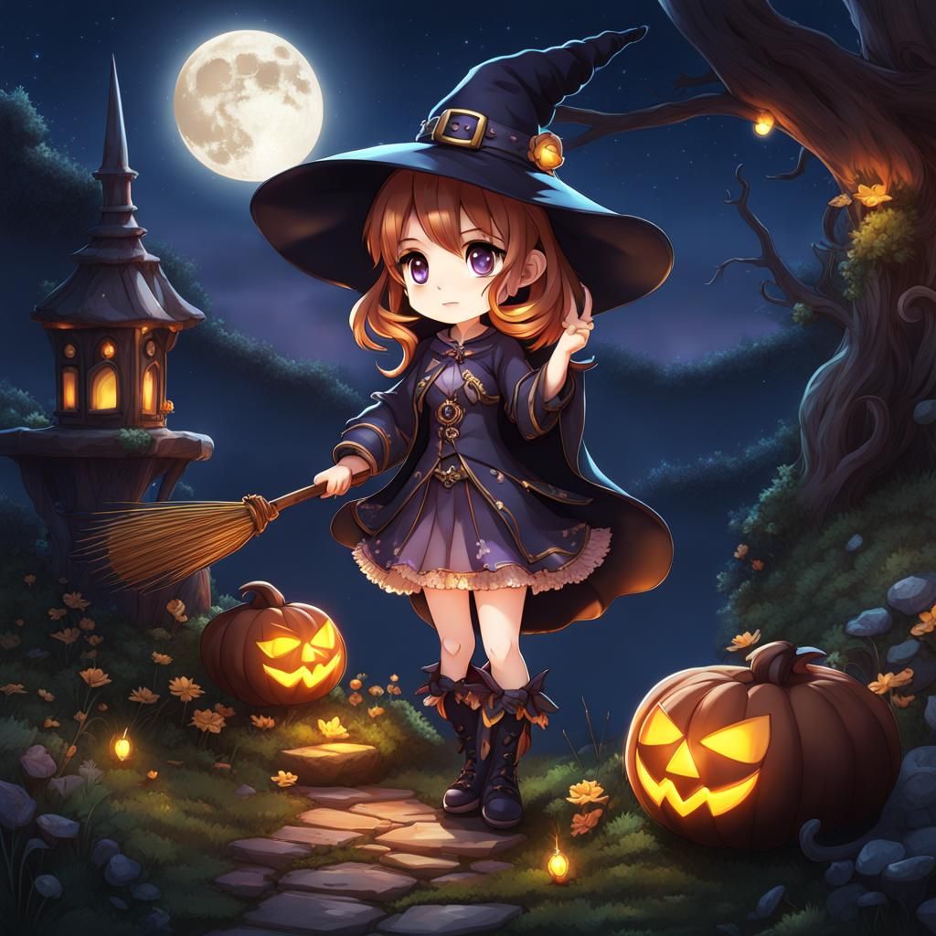 Chibi Witch in Moonlight: Detailed 8K Image