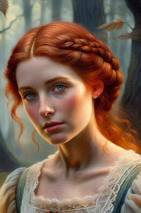 Ethereal Pioneer Woman in Auburn Hair, Surrounds by Mystical...