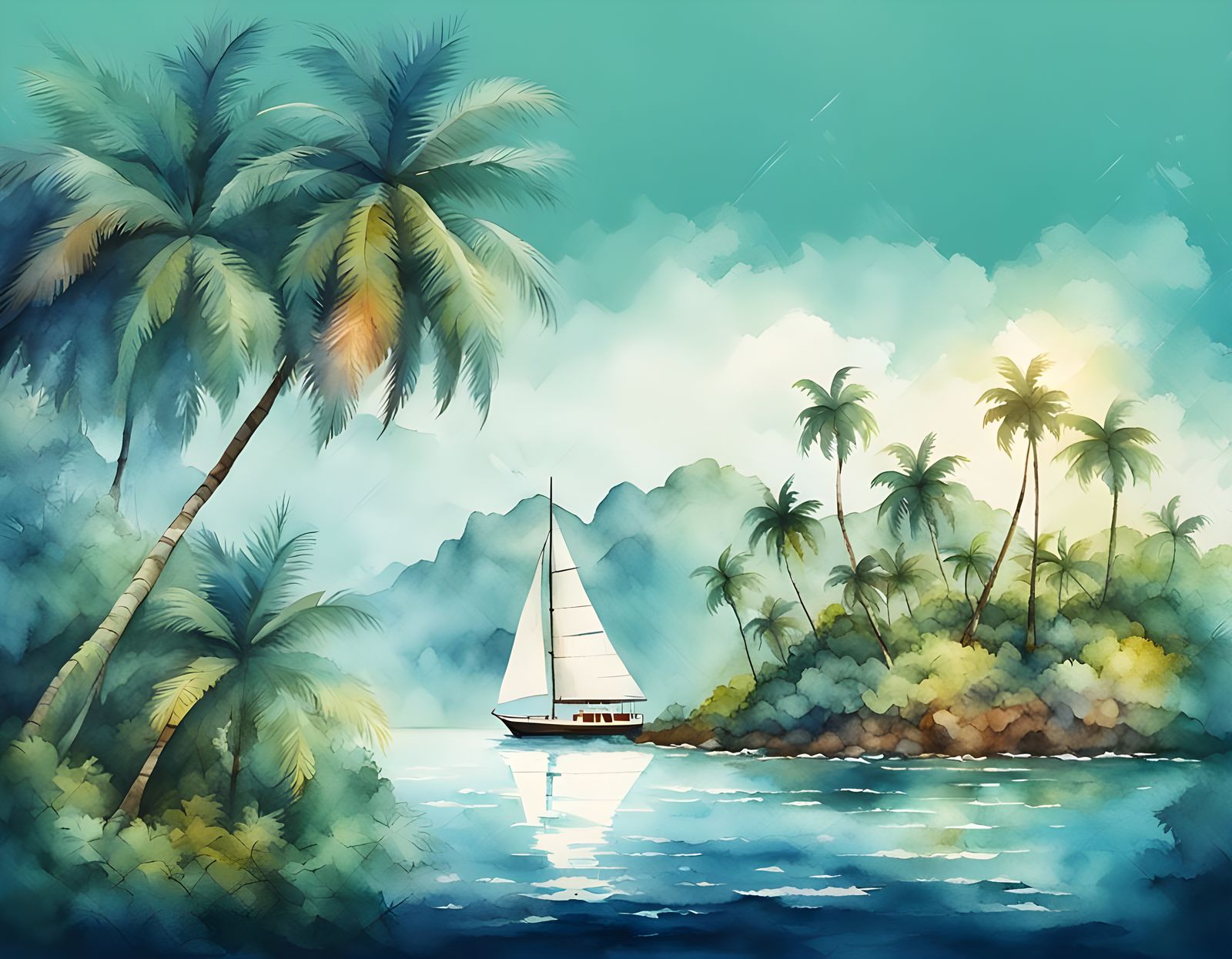 Sailboat Near Tropical Island: Vintage Watercolour