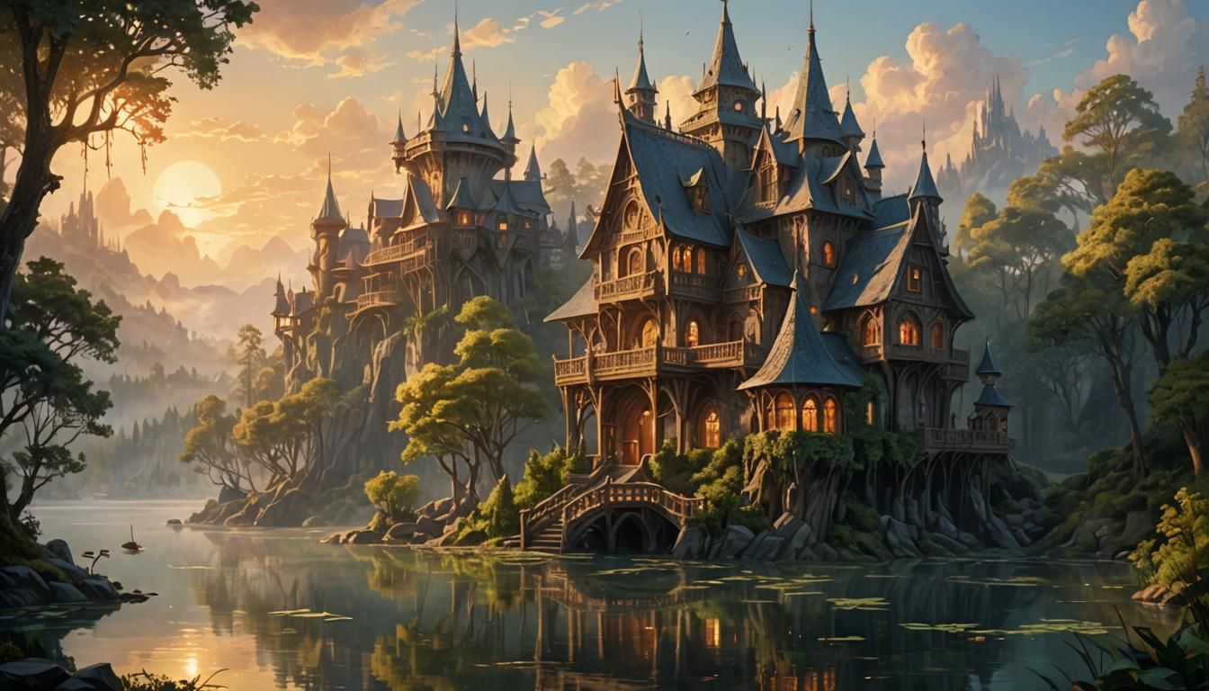 Elven House Beside Lake in Dramatic Oil Painting