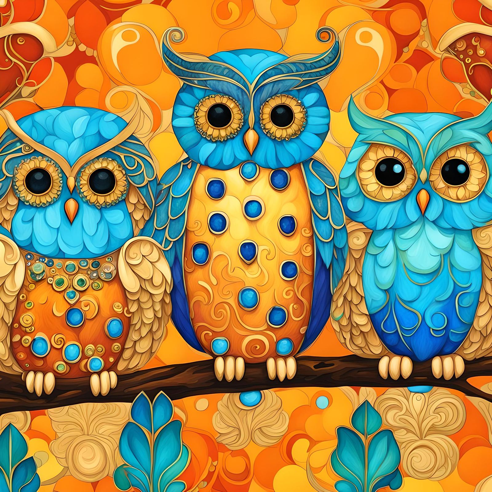 Whimsical Owls on Branch in Art Nouveau Style