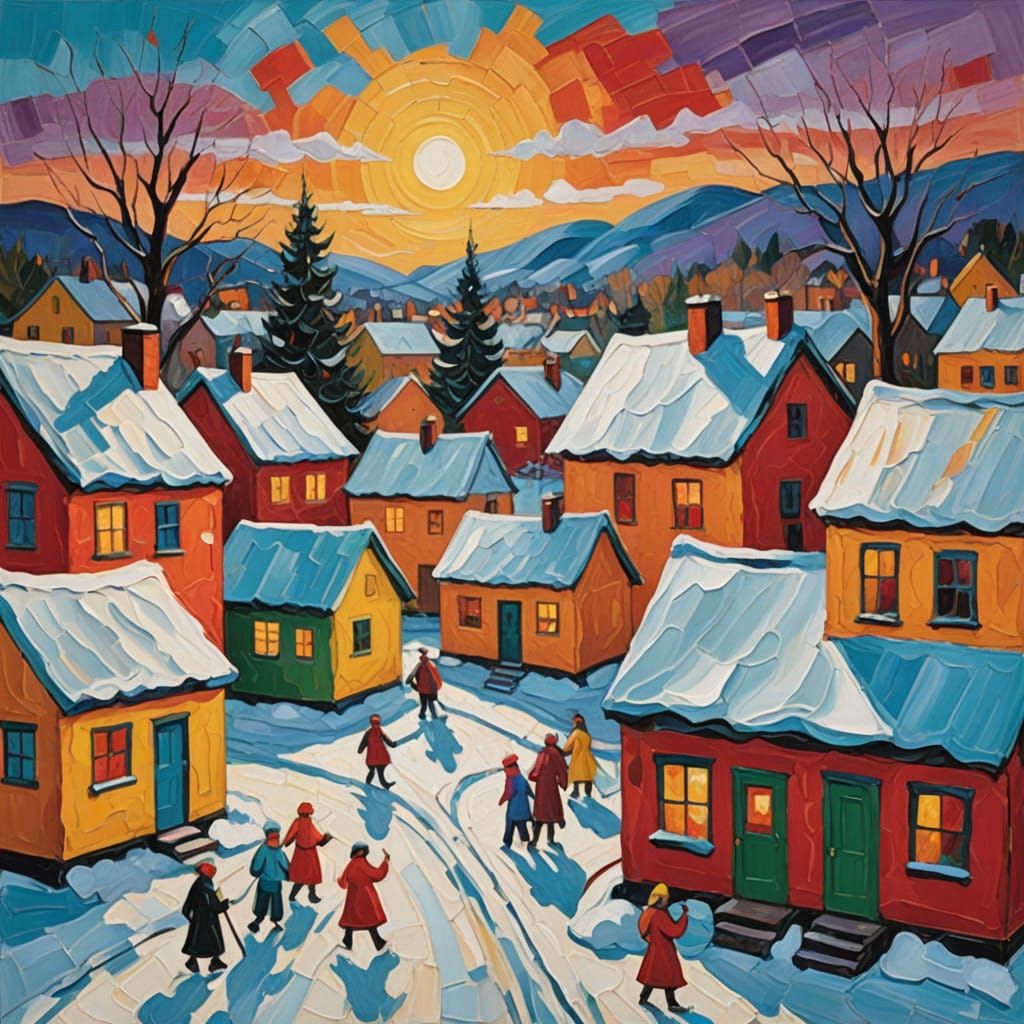 Winter Village Christmas Celebration in Vibrant Neo-Impressi...